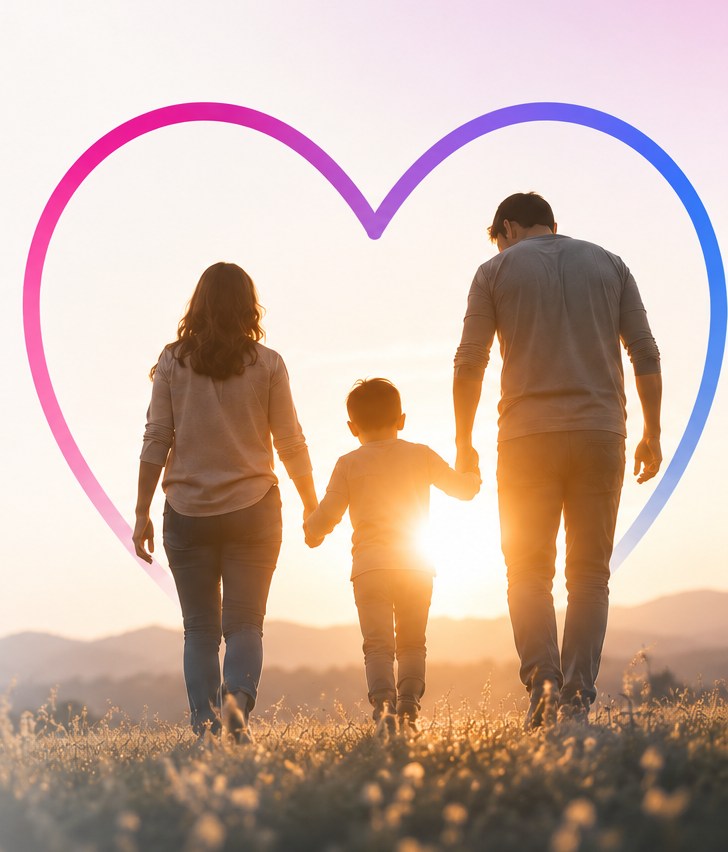 A family walking together into the sunset framed by a heart, representing the 56 post-permanency families Amlea Behavioral Healthcare serves through the Heart Galleries of Texas Phase III Post-Adoption Grant