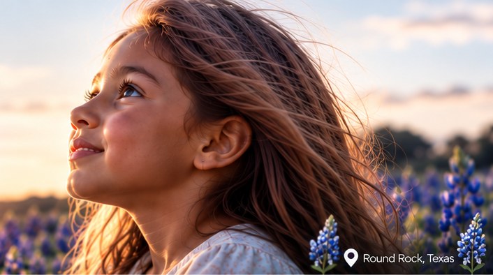 A young girl looking up at the sky in a field of bluebonnets at sunset, Round Rock, Texas