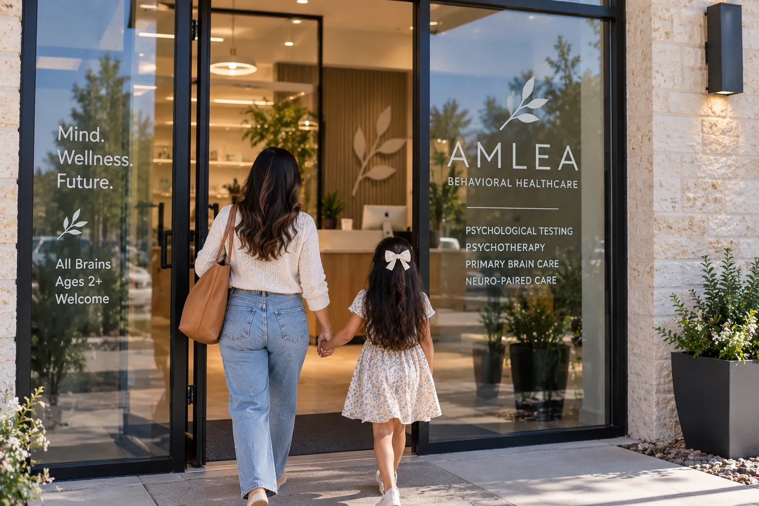 A mother and daughter walking into the Amlea clinic
