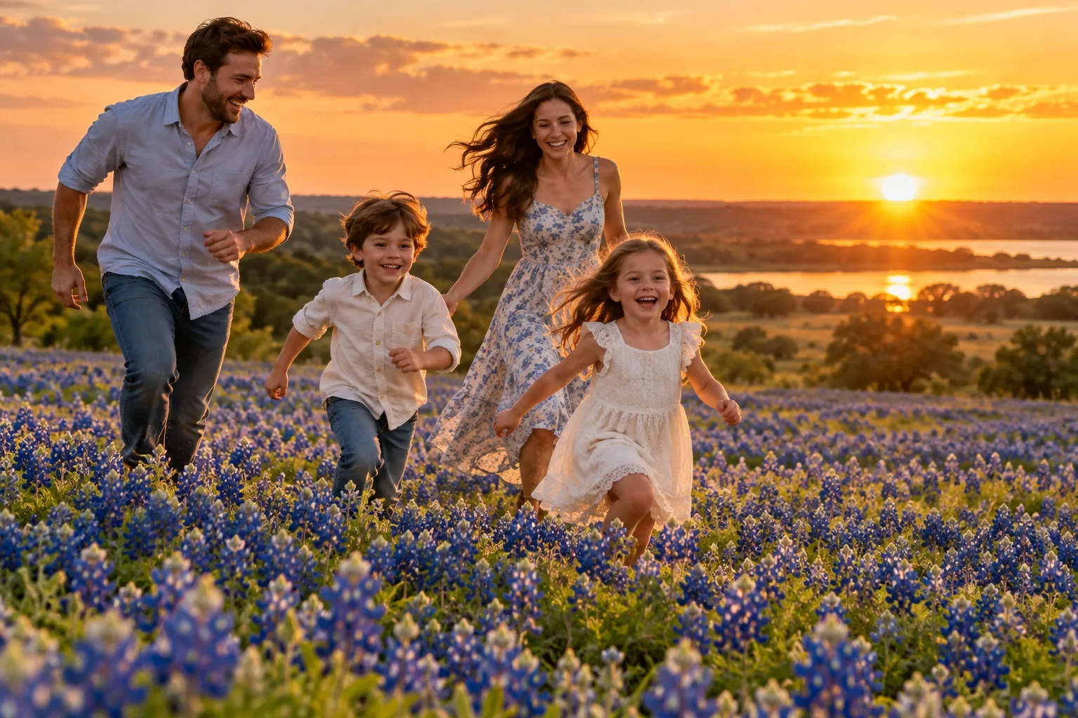 A family running through a field of bluebonnets at sunset