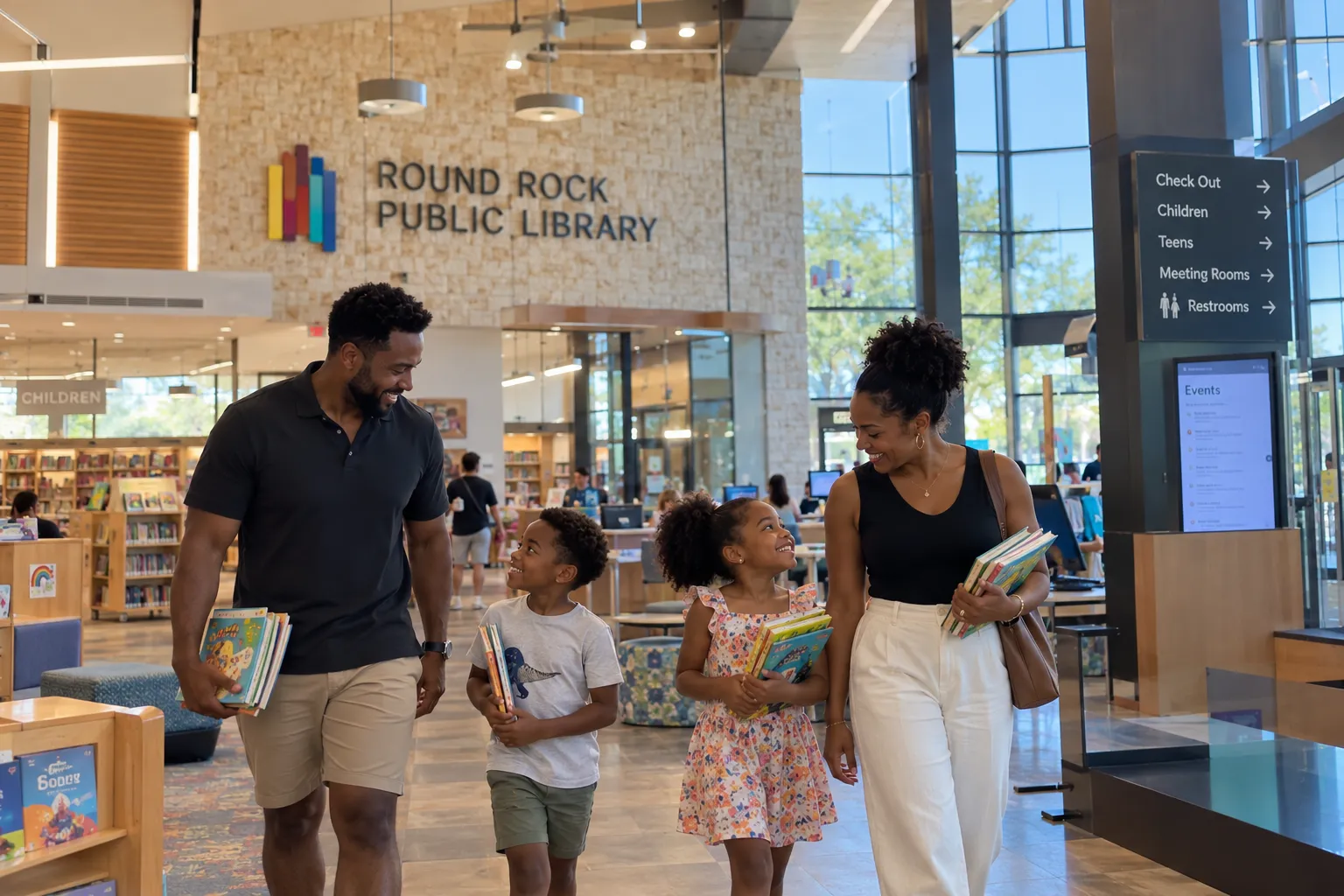A family walking through the Round Rock Public Library