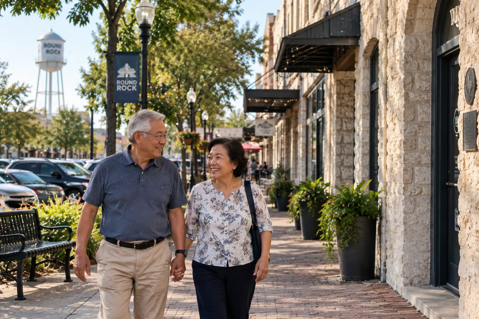 A couple walking hand in hand on Main Street in Round Rock, the water tower behind them