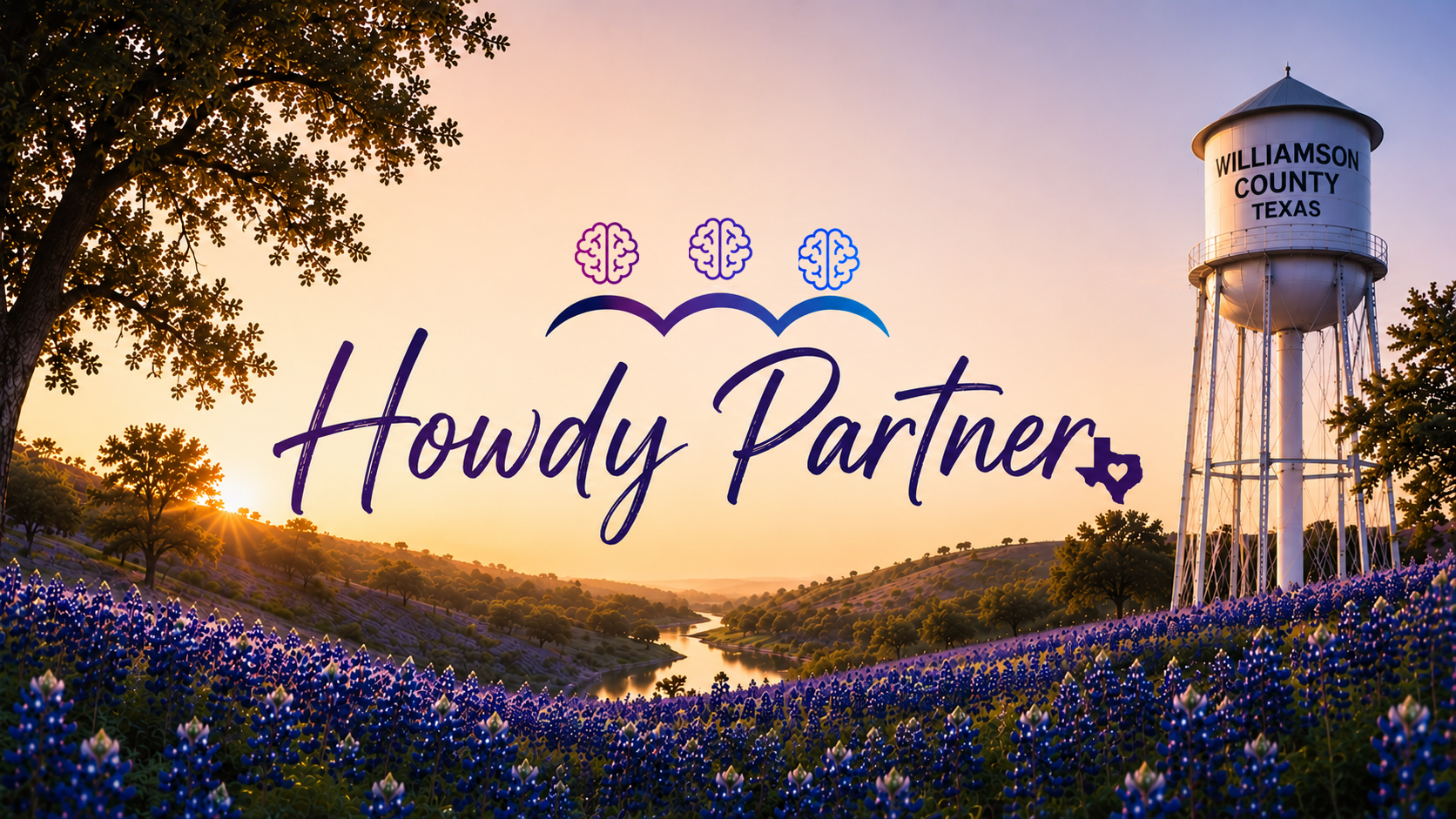 Howdy partner. Amlea Behavioral Healthcare partnerships in Round Rock and Williamson County, Texas, over a sunrise field of bluebonnets by the county water tower